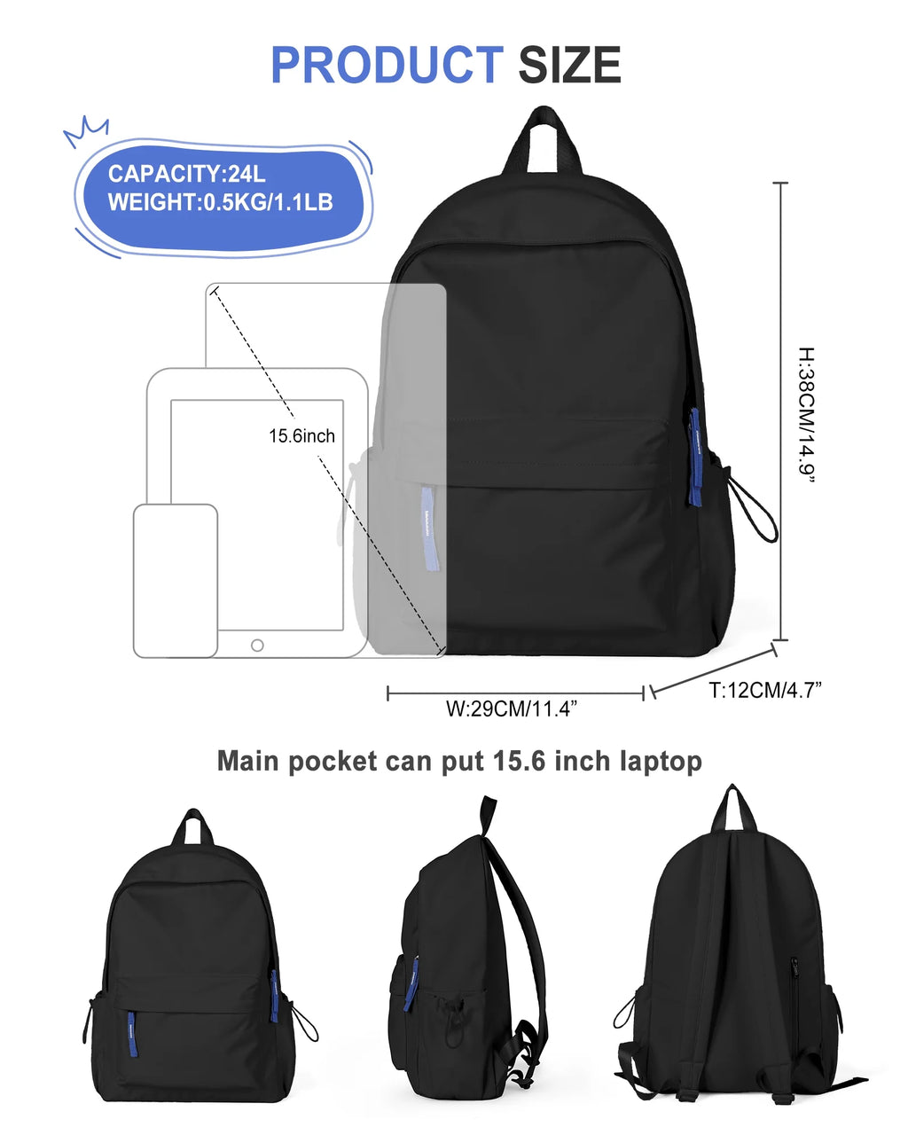 Waterproof Black Laptop Backpack I696108
