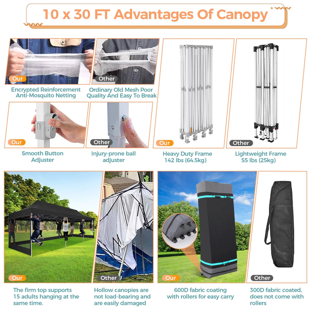 10x30 FT Pop Up Canopy with Removable 8 Piece Mesh Sidewalls, Black P100030