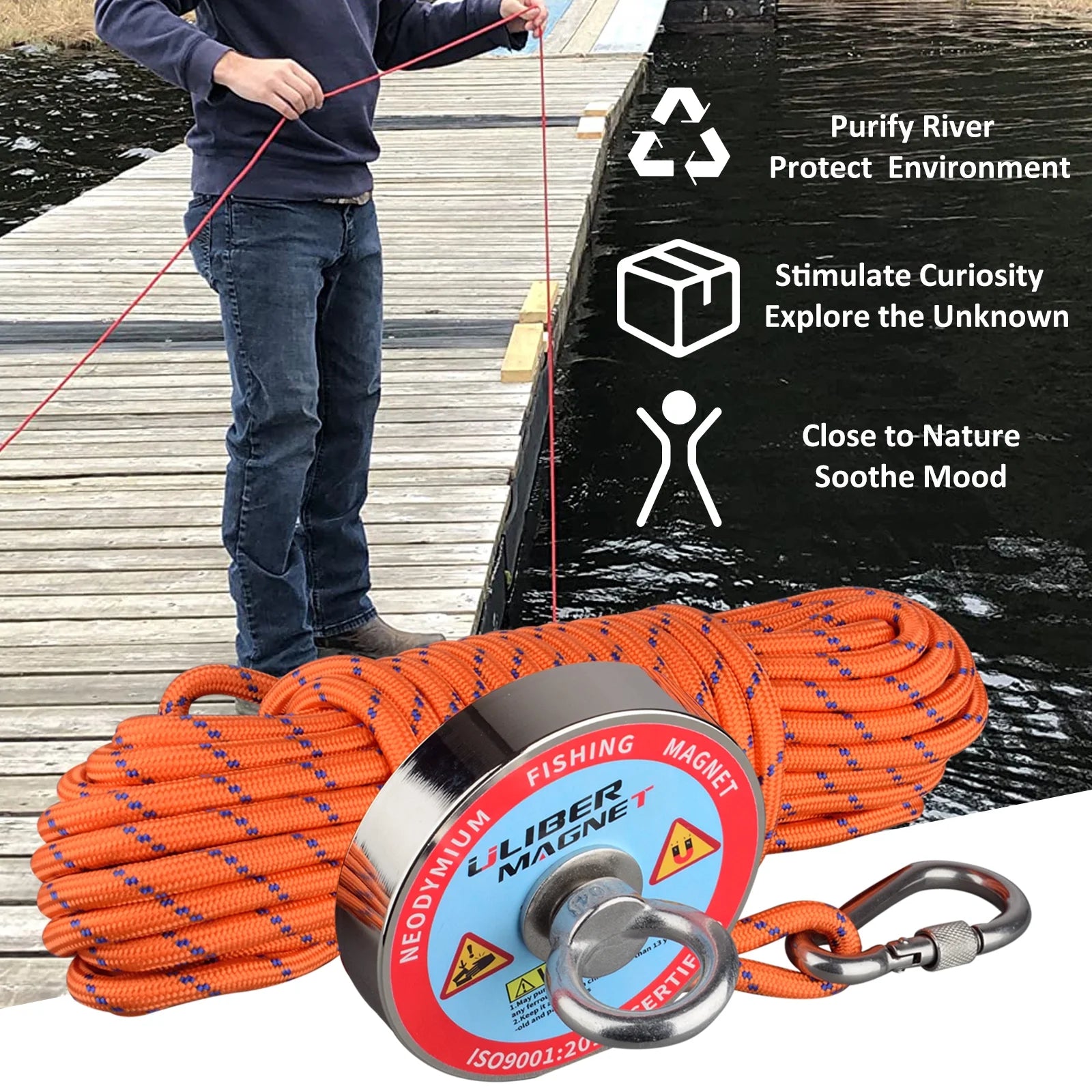 Magnet Fishing Kit 1200LB Dia.3.81in Neodymium Magnet N52 with 20 Meters Rope J155
