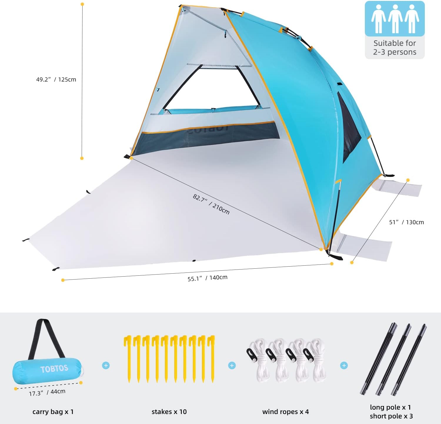 Portable Beach Tent UPF 50+ Sun Shelter for 2-3 Person N3095