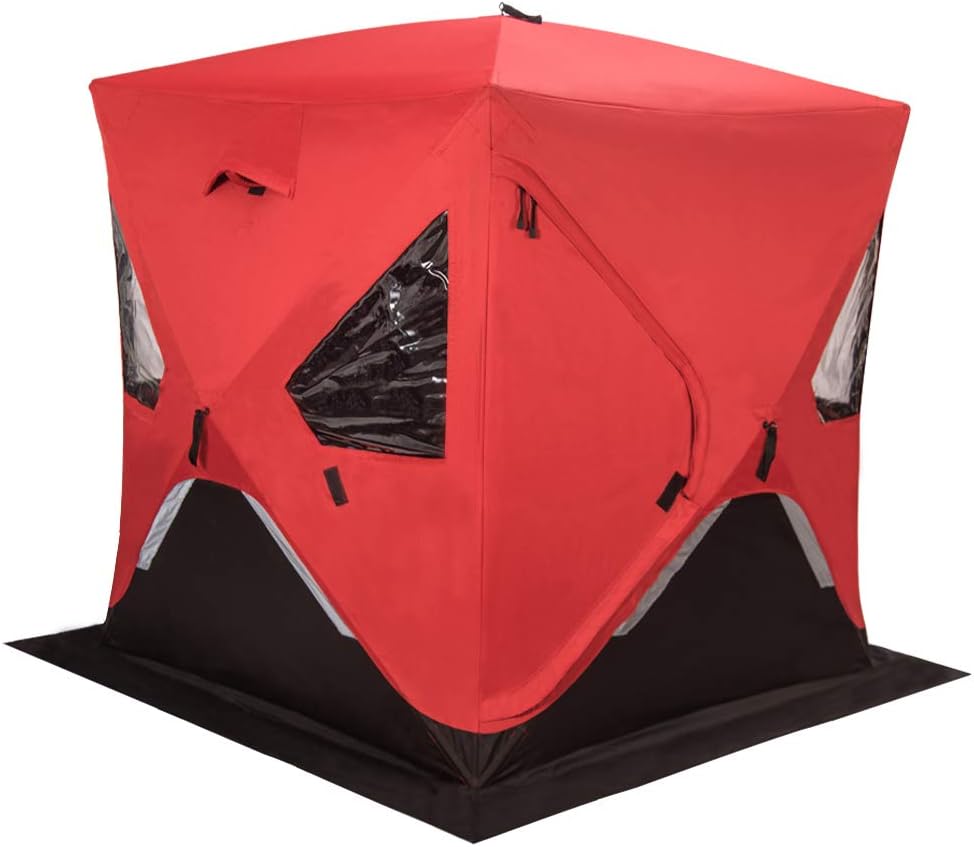 Red 1-2 Person 58X58X66 Waterproof Pop-up Ice Shelter Tent with Carrier Bag B384379