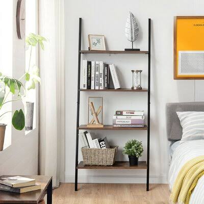 4-Tier Industrial Leaning Wall Bookcase with Metal Frame, Brown E1025