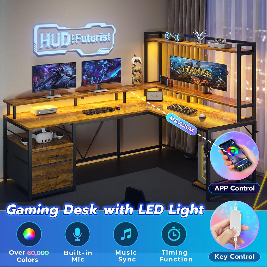 Brown L Shaped Desk with File Drawers and LED Lights A7877