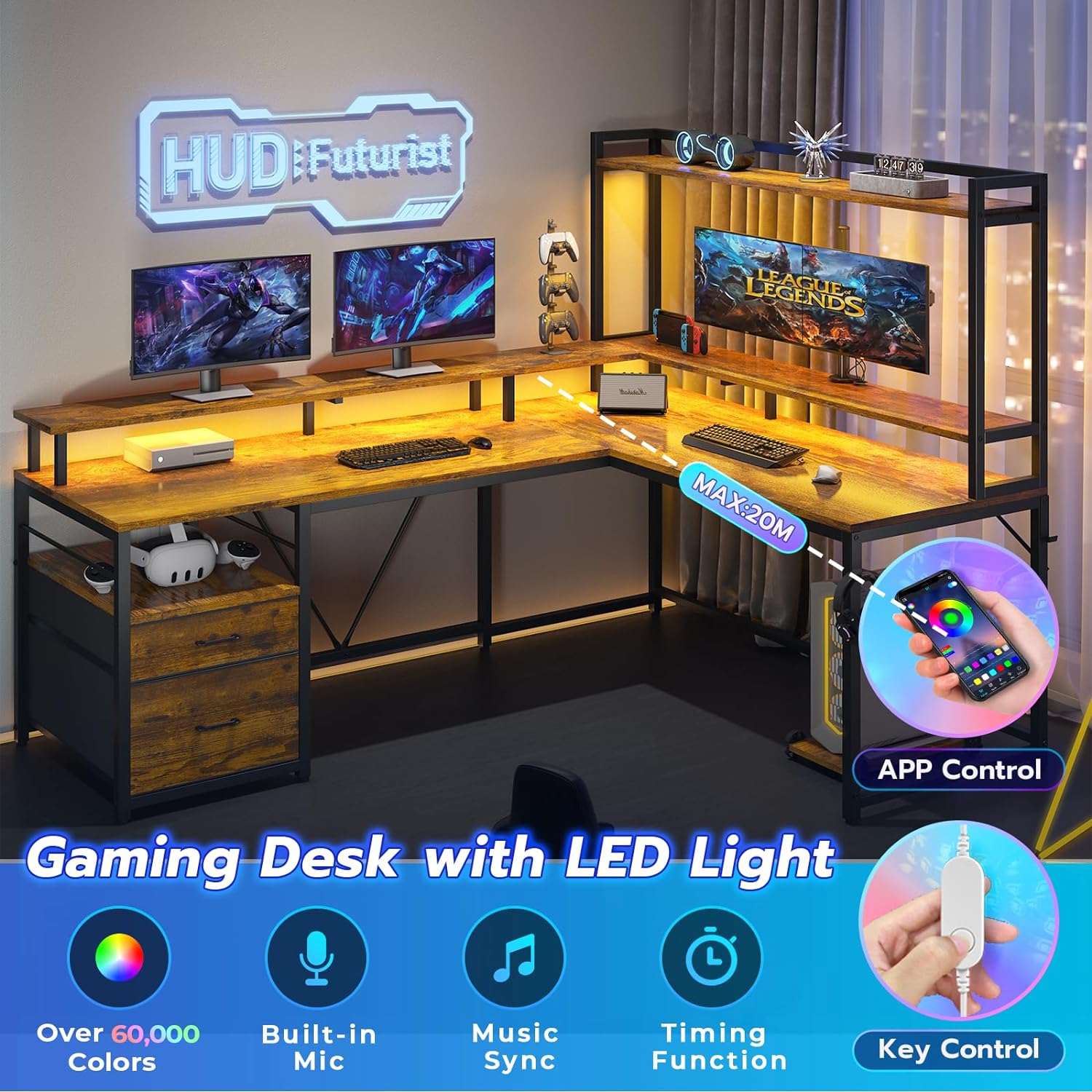 Brown L Shaped Desk with File Drawers and LED Lights A7877