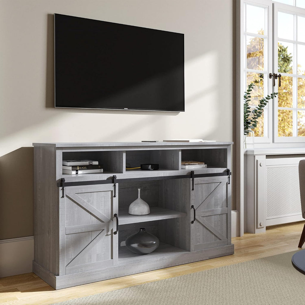 Modern Farmhouse TV Stand with Sliding Barn Door and Storage Cabinets O312719