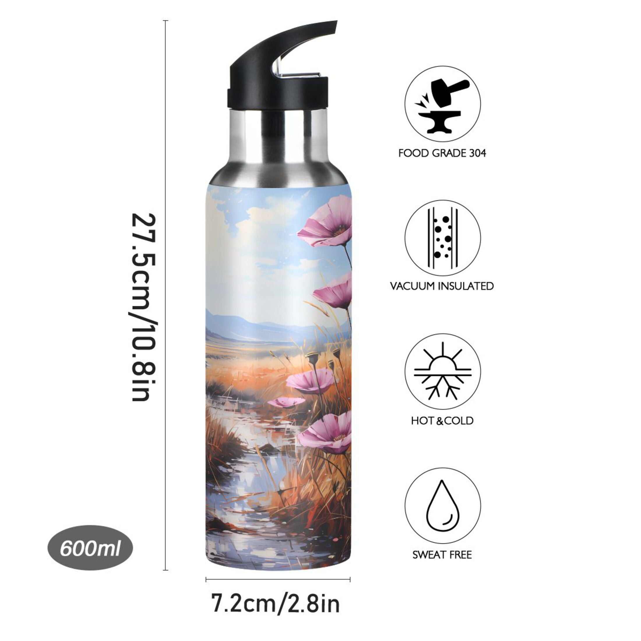 Pink Flowers Stainless Steel Insulated Water Bottle with Straw Lid C577