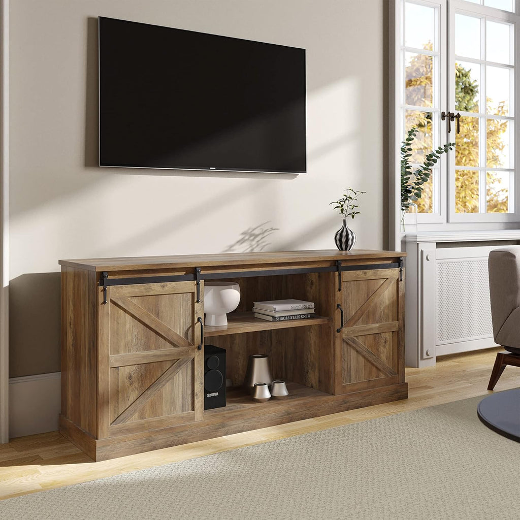 Modern Farmhouse TV Stand with Sliding Barn Door and Storage Cabinets O312719