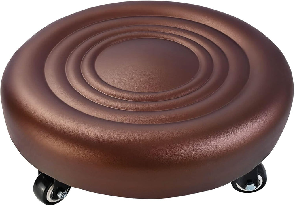 Brown Leather Rolling Stool with Swivel Caster Wheels M28539