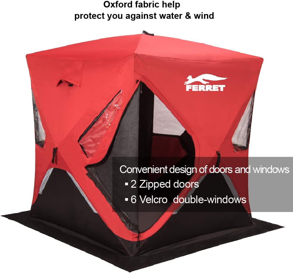 Red 1-2 Person 58X58X66 Waterproof Pop-up Ice Shelter Tent with Carrier Bag B384379