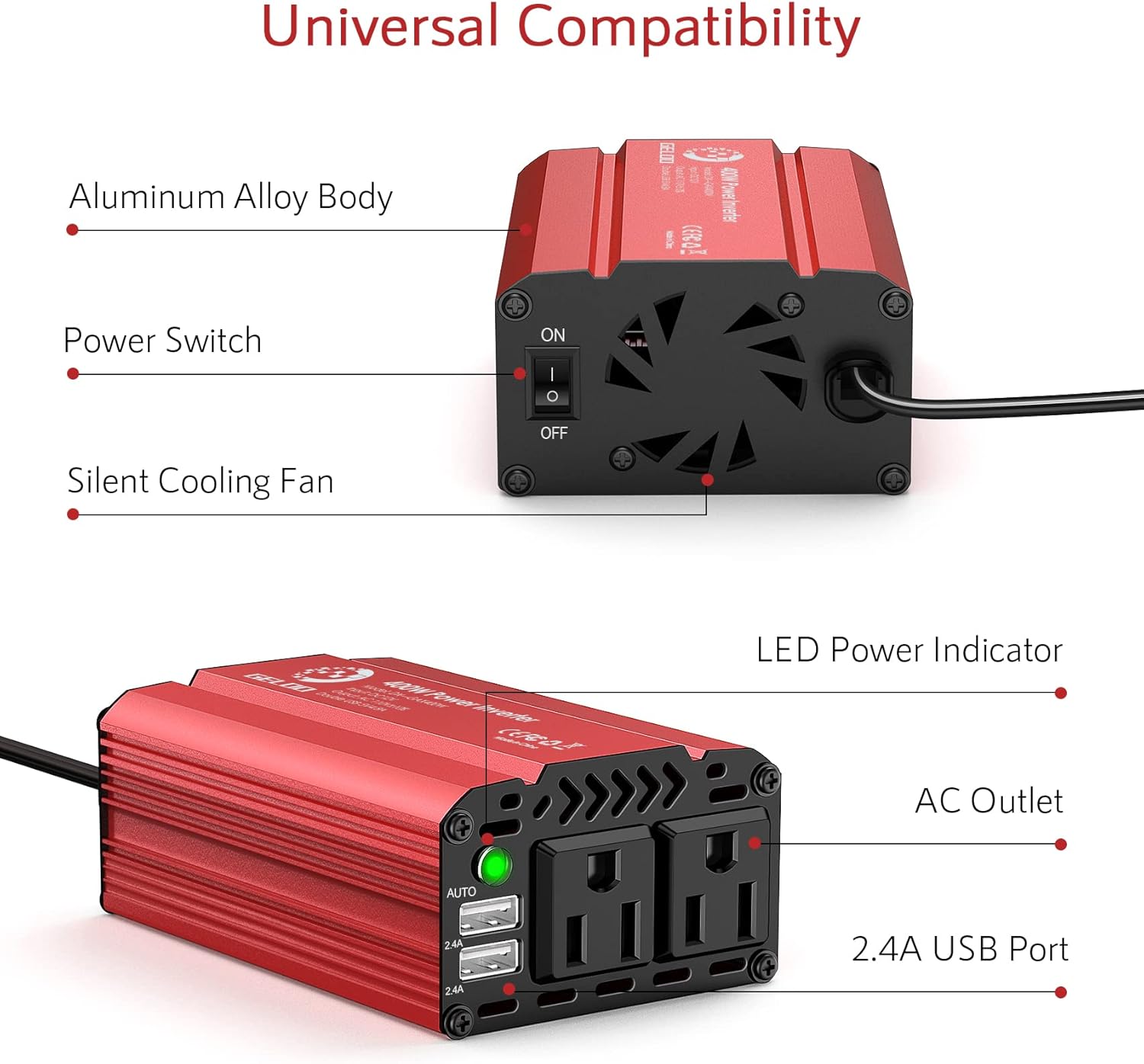 400W Car Power Inverter DC 12V to AC 110V with 4.8A Dual USB, Pack of 2 W9648