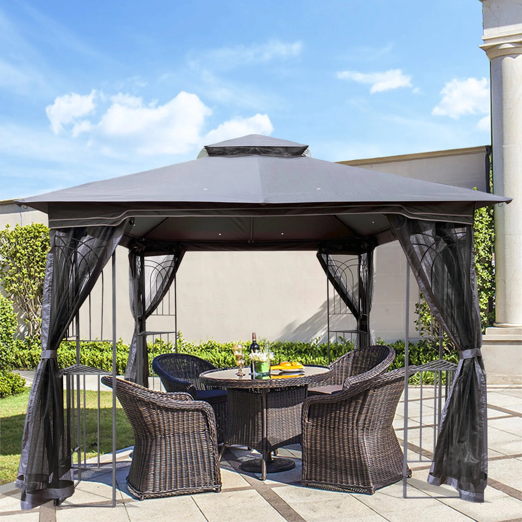 Gray Outdoor Patio Gazebo Canopy Shelter with Ventilated Double Roof and Mosquito Net C72906