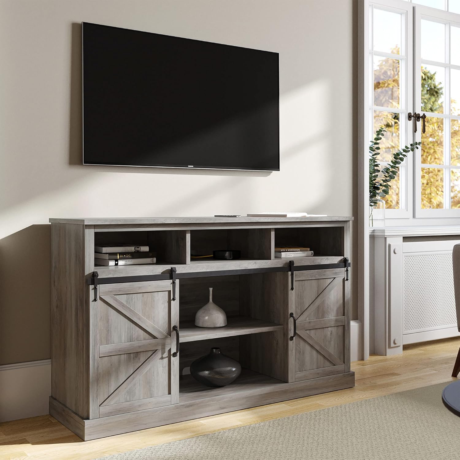 Modern Farmhouse TV Stand with Sliding Barn Door and Storage Cabinets O312719