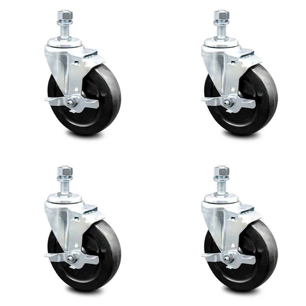 5 inch Hard Rubber Wheel Swivel Threaded Stem Caster Set with Brake E4411