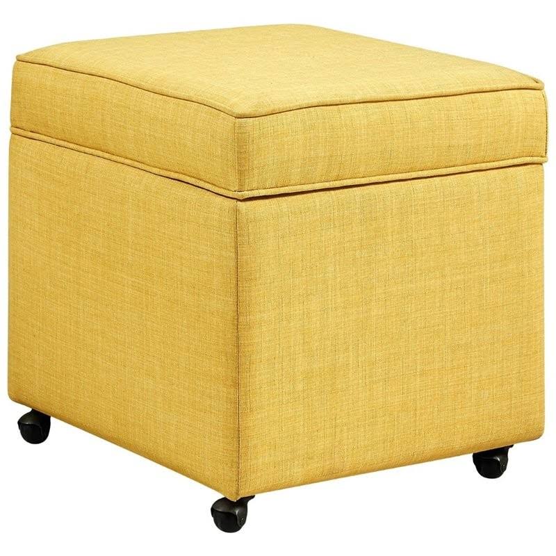 Ruby Yellow Linen Cube Ottoman with Hidden Storage G5862