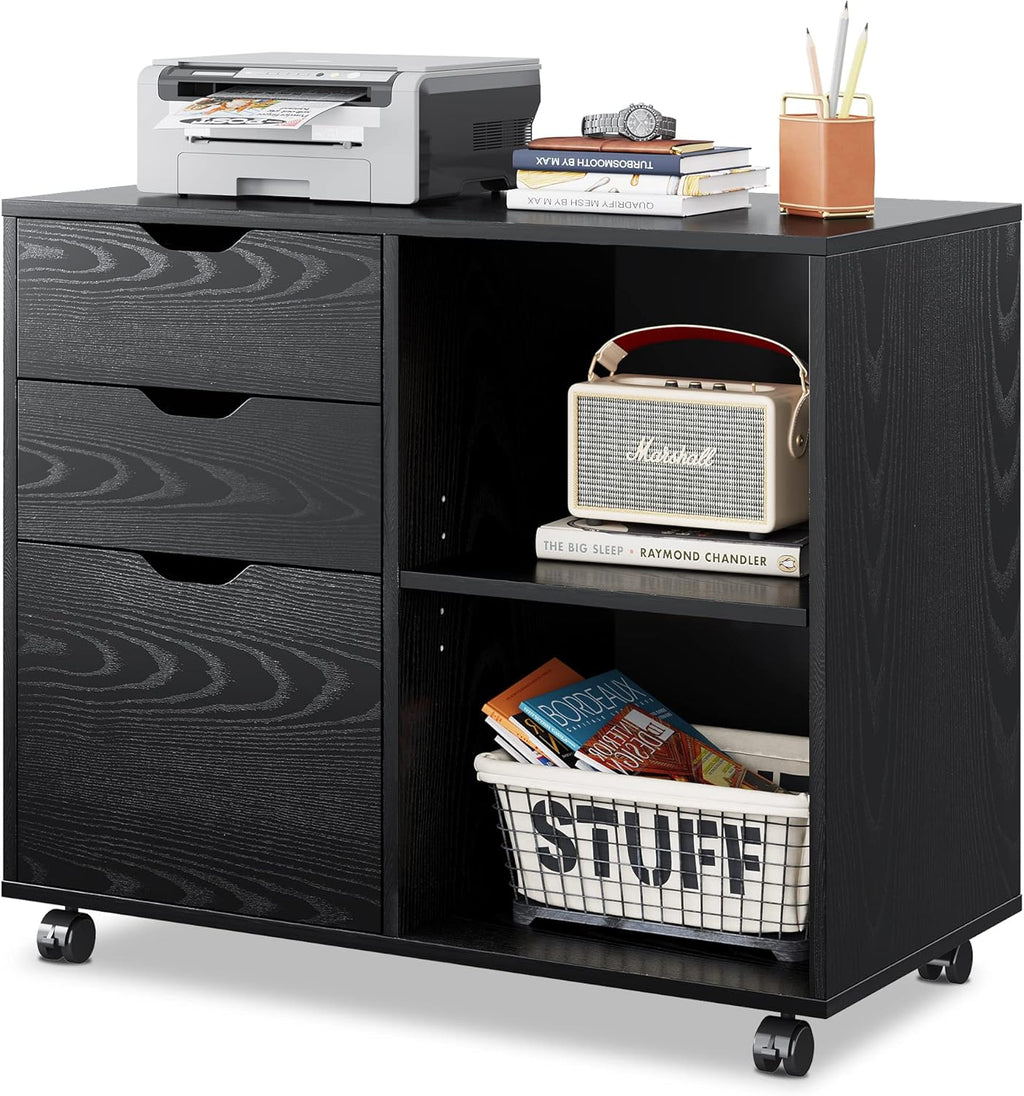 White 3-Drawer Mobile Wood File Cabinet with Open Storage Shelves D770787