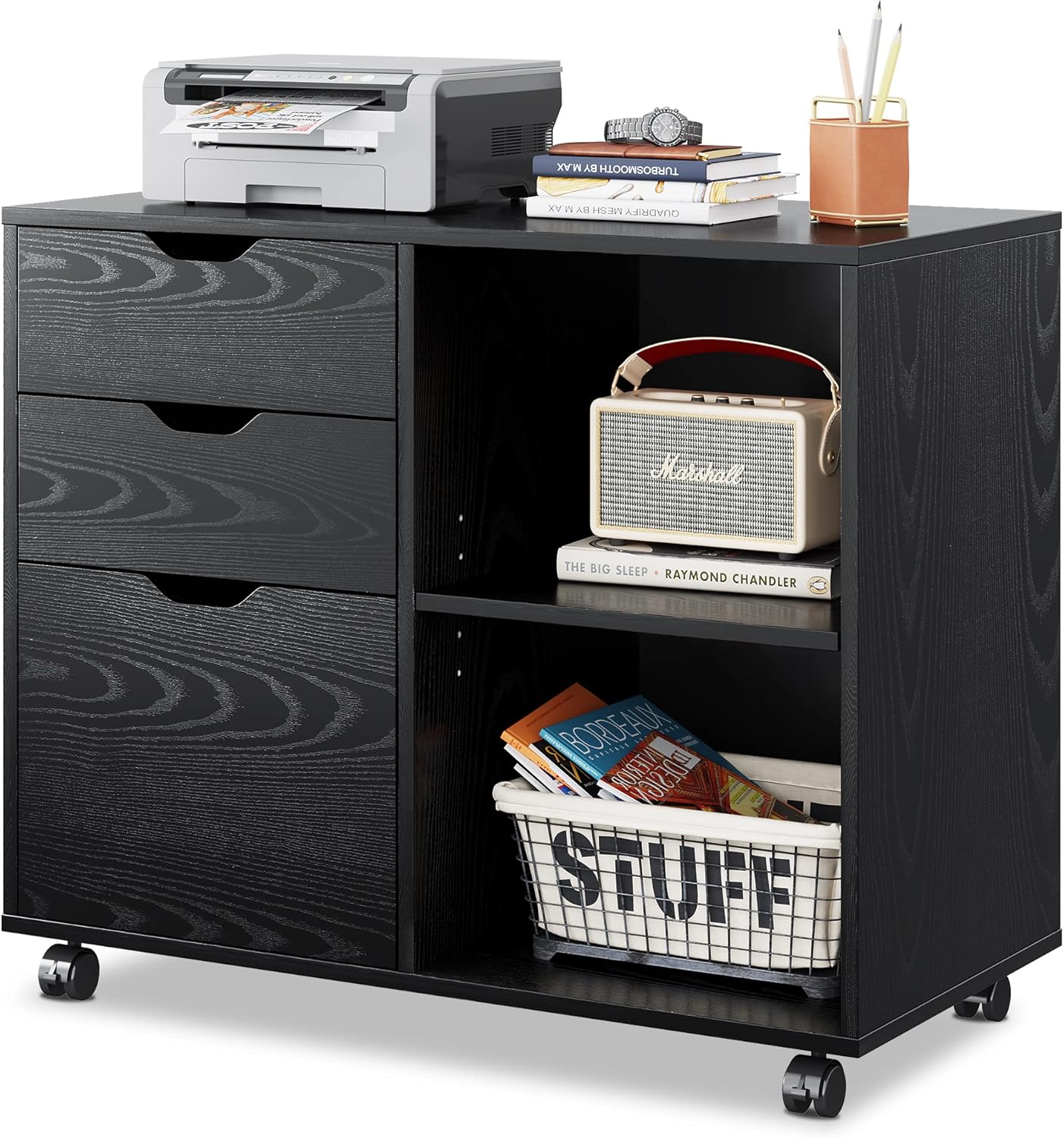 White 3-Drawer Mobile Wood File Cabinet with Open Storage Shelves D770787