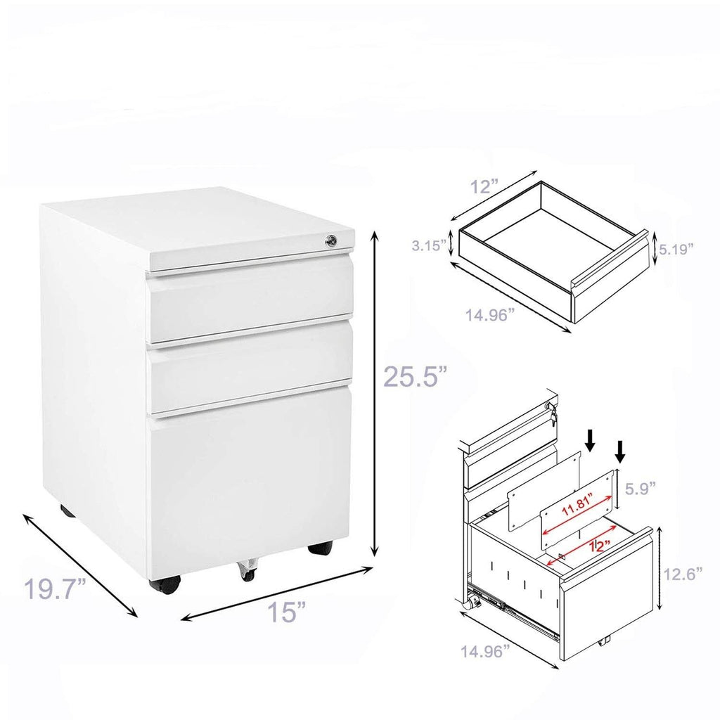 White 3-Drawer Locking Rolling Metal File Cabinet Z97335
