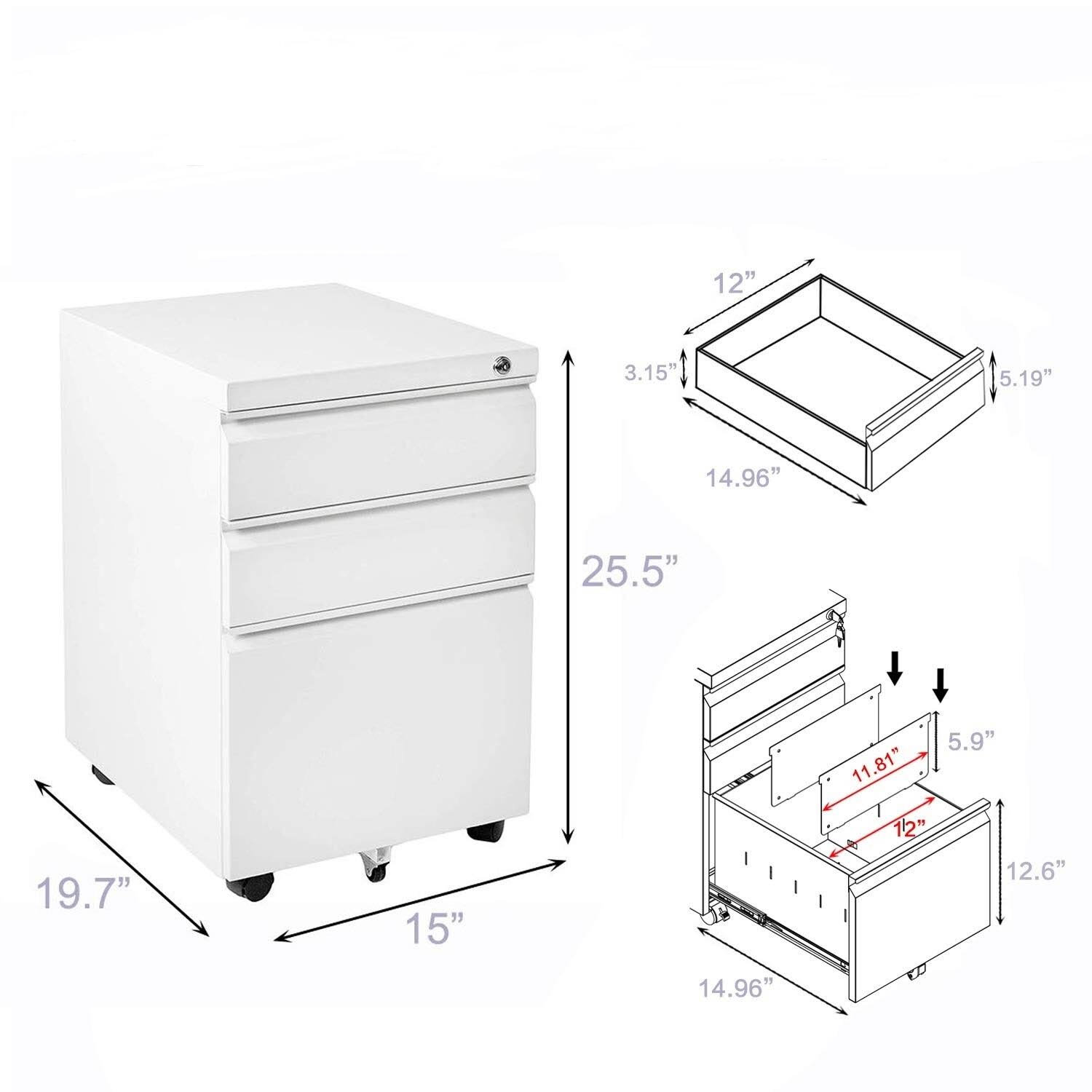 White 3-Drawer Locking Rolling Metal File Cabinet Z97335