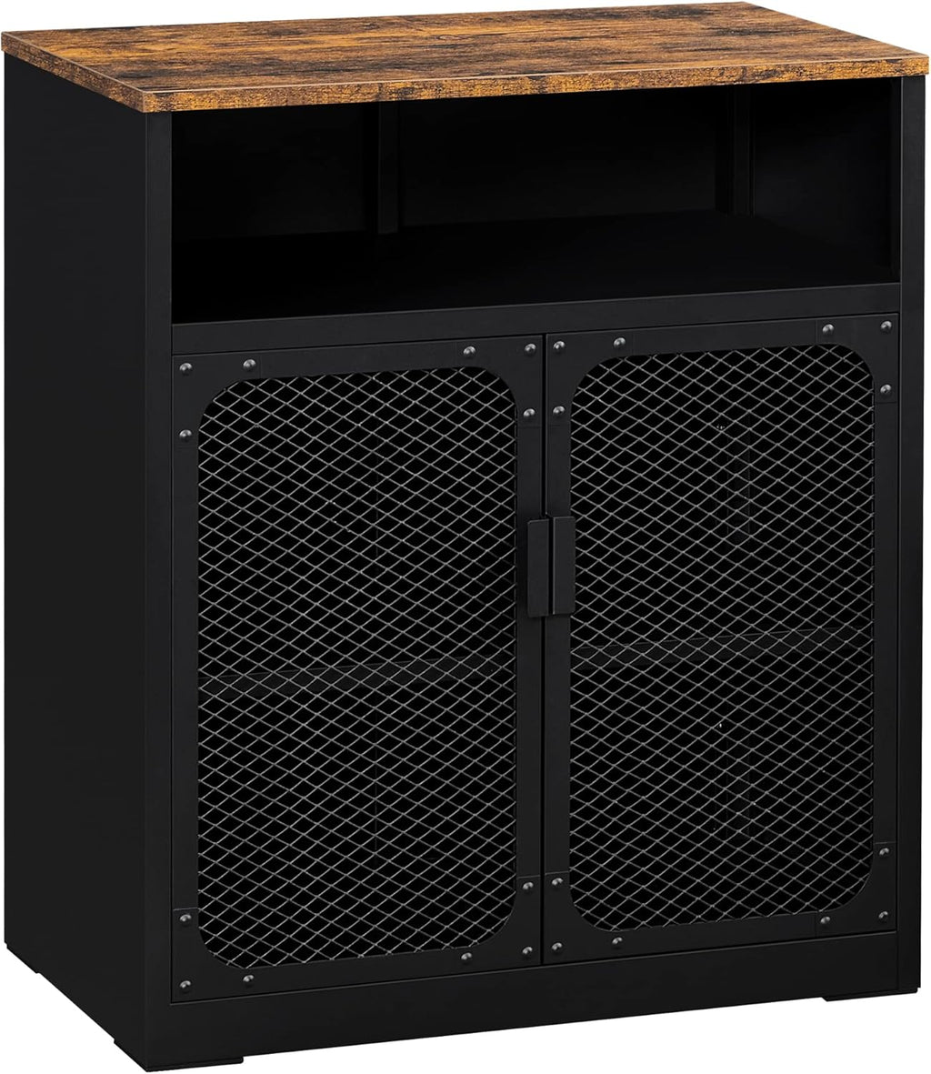 Rustic Brown and Black Storage Cabinet with Mesh Doors and Adjustable Shelf H506