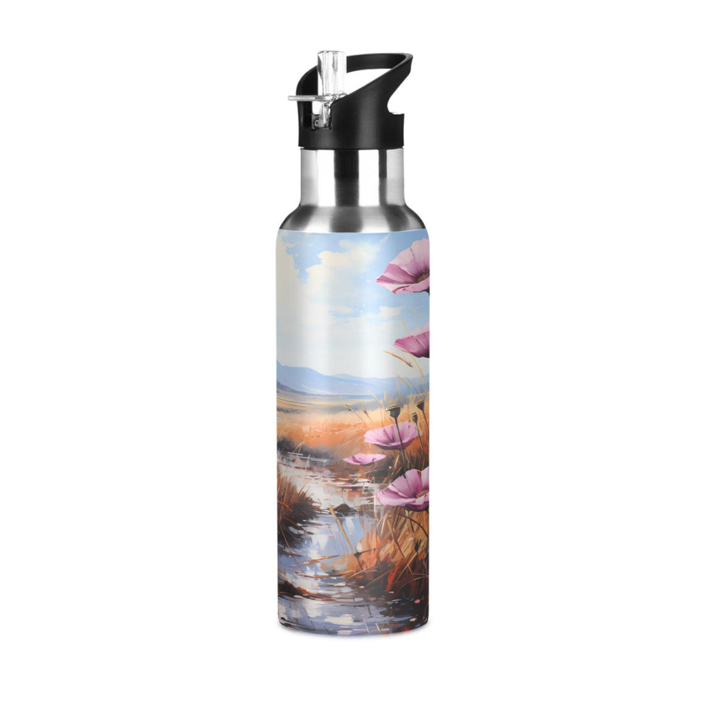 Pink Flowers Stainless Steel Insulated Water Bottle with Straw Lid C577