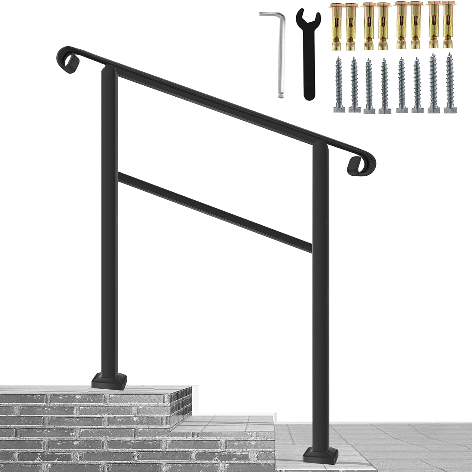 Black Wrought Iron Handrail for Outdoor Steps Y664578
