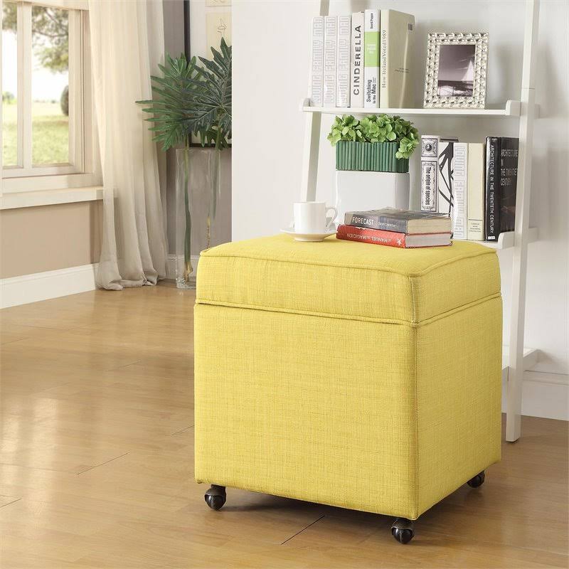 Ruby Yellow Linen Cube Ottoman with Hidden Storage G5862