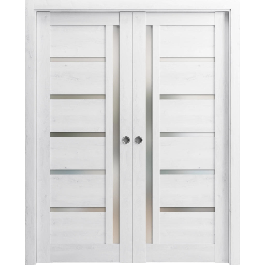 Nordic White Solid Wood Sliding French Double Pocket Doors with Frosted Glass F80636