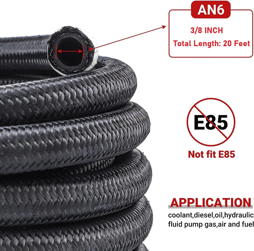 6AN 20FT Nylon Braided Fuel Line Hose Fitting Kit CPE Material Black (3/8" ID) Pack of 2 N44551