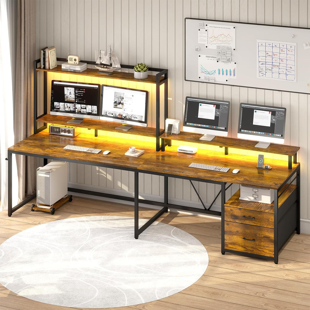 Brown L Shaped Desk with File Drawers and LED Lights A7877