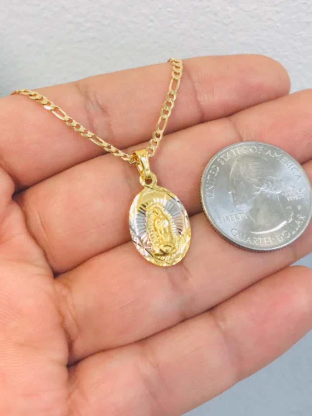 14K Gold Filled Virgen De Guadalupe Necklace 20" Figaro Chain R6573