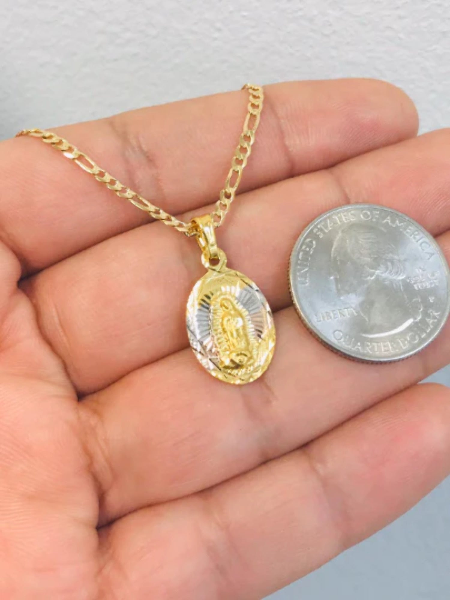 14K Gold Filled Virgen De Guadalupe Necklace 20" Figaro Chain R6573