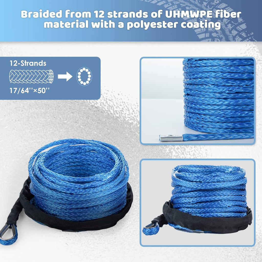 Synthetic Winch Rope 17/64'' x 50', 10000LBS 12 Strands with Protective Sleeve Winch Hook, Pack of 2 O850529
