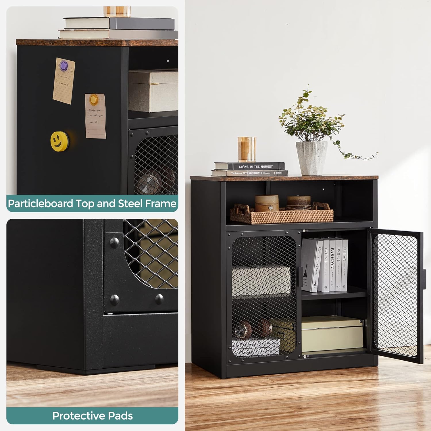 Rustic Brown and Black Storage Cabinet with Mesh Doors and Adjustable Shelf H506