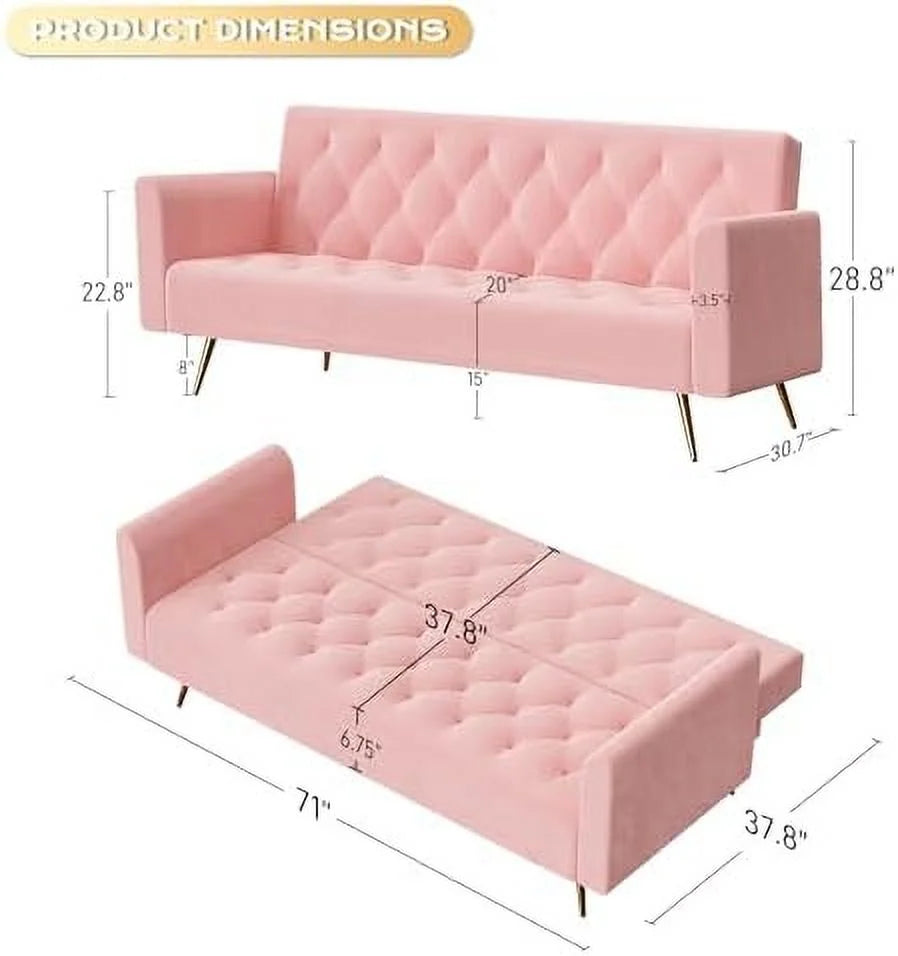 Blue Velvet Futon Sofa Bed with 2 Pillows L86805