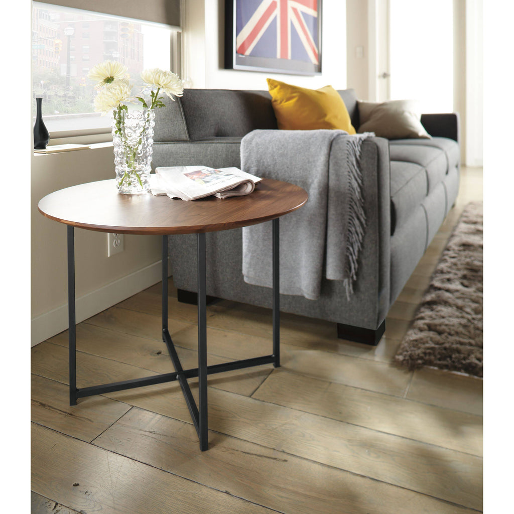Round End Table 18 Diameter 22H Recycled Natural Steel Walnut Top Natural Steel Base A540