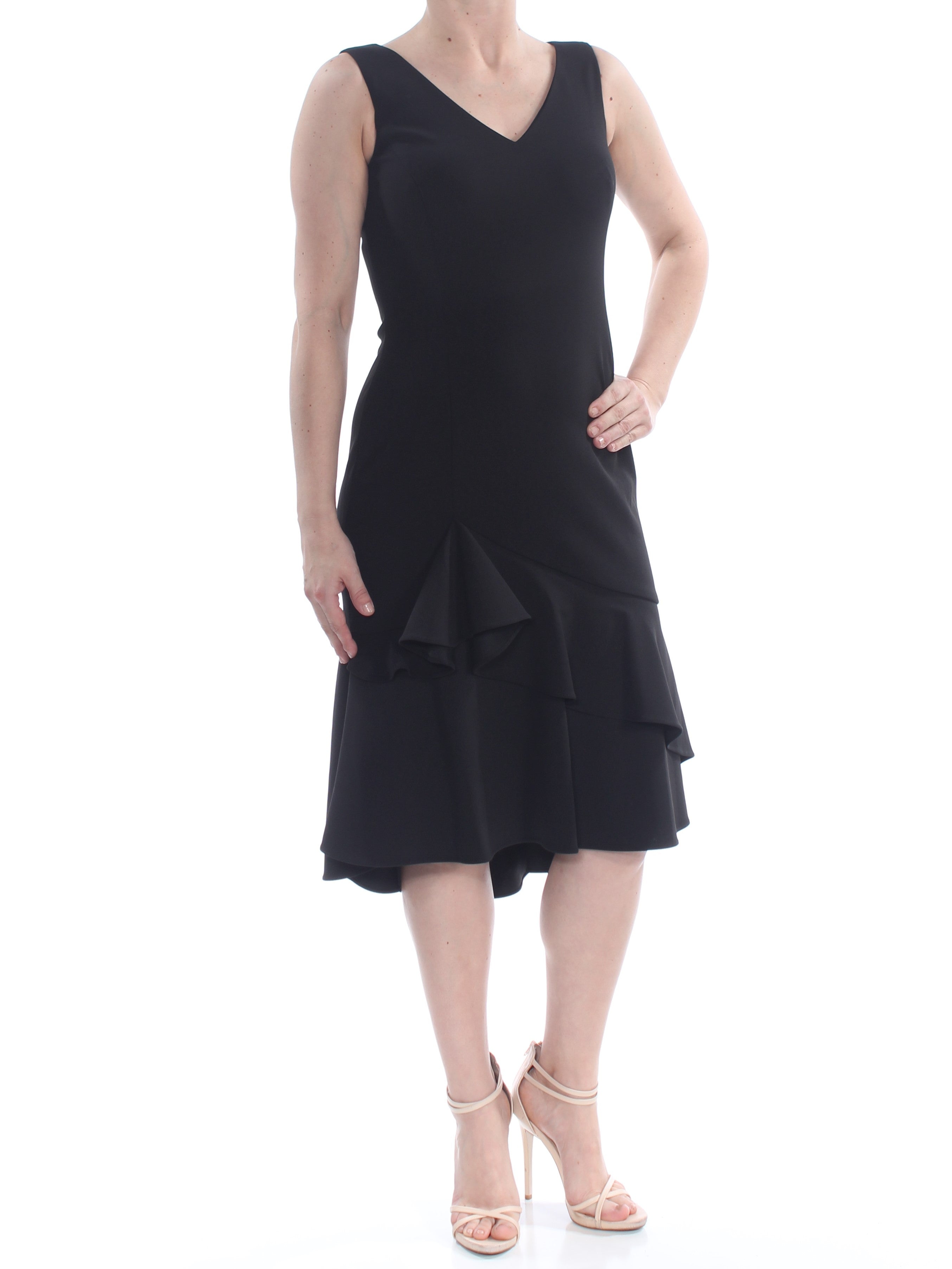Black Ruffled V Neck Sheath Dress G3672