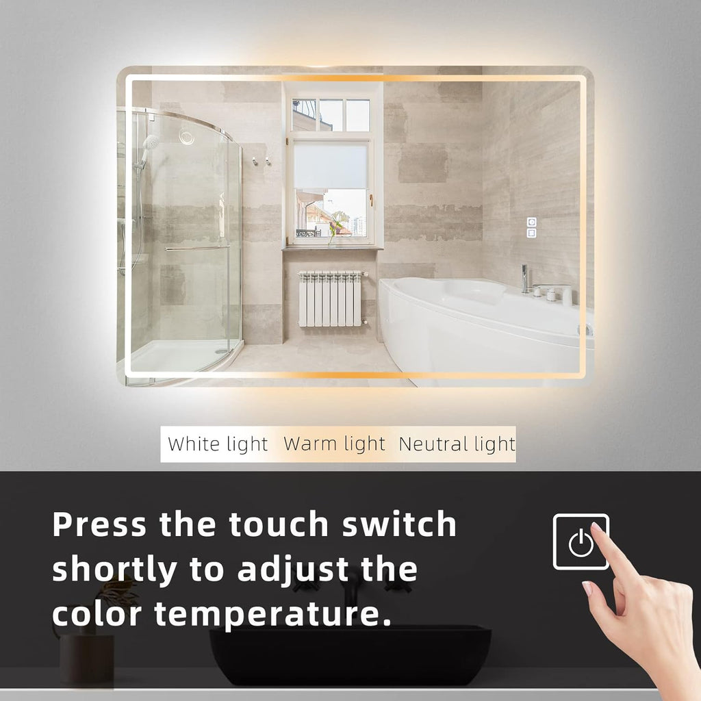 20 x 28 inch LED Bathroom Mirror, Anti-Fog Dimmable 3-Tone Lighted Vanity Mirror N856