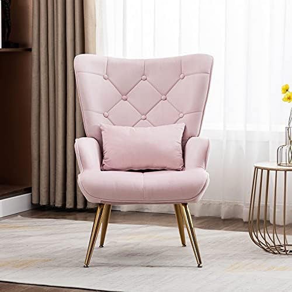 Velvet Buttoned Accent Arm Lounge Chair with Golden Plated Metal Legs & Pillow High Wingback Club Chair B1813