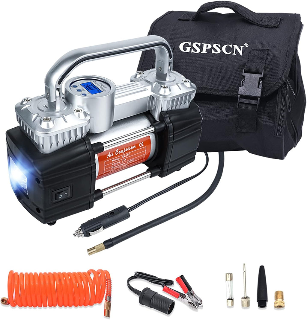 Portable Digital Car Tire Inflator 150Psi Auto Shut-Off Heavy Duty Double Cylinders 12V Air Compressor Pump with LED Light F254211