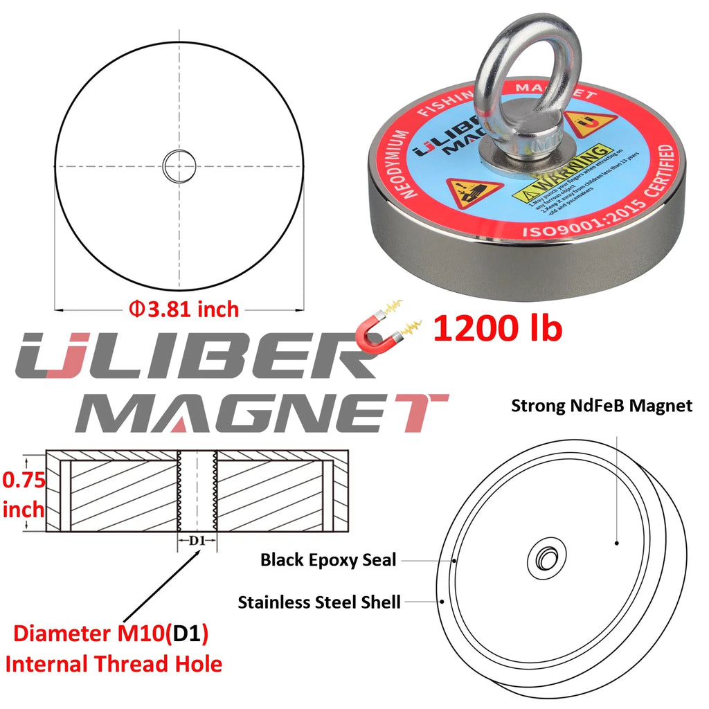 Magnet Fishing Kit 1200LB Dia.3.81in Neodymium Magnet N52 with 20 Meters Rope J155