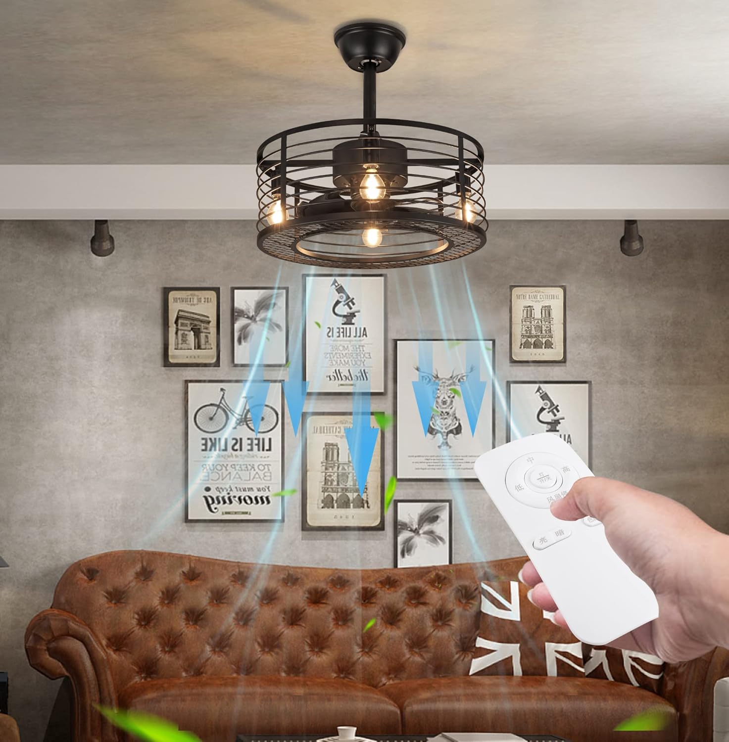 Black Industrial Caged Ceiling Fan with Remote Control V644507
