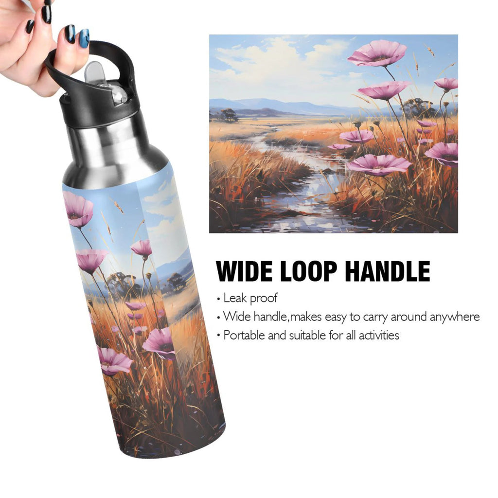 Pink Flowers Stainless Steel Insulated Water Bottle with Straw Lid C577