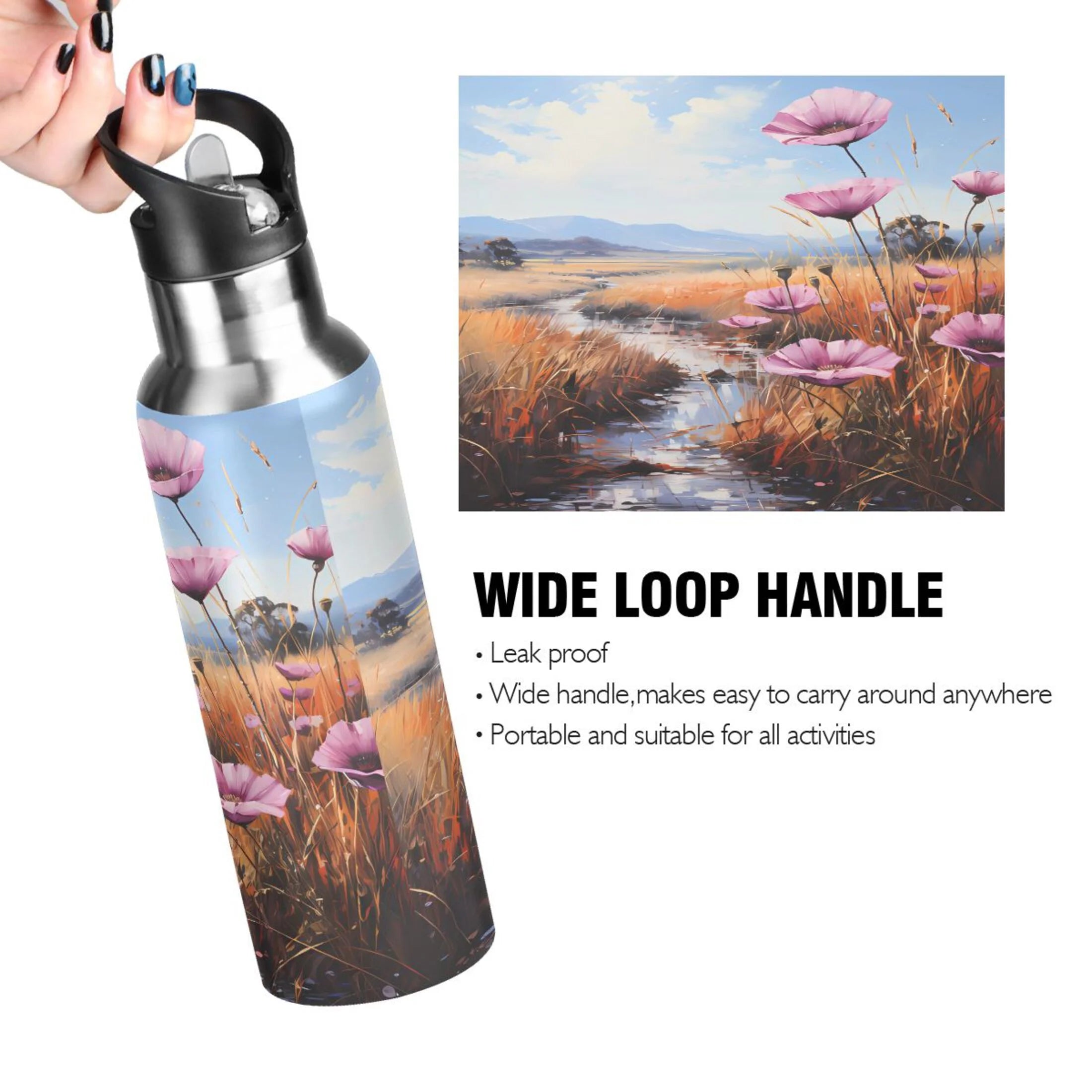 Pink Flowers Stainless Steel Insulated Water Bottle with Straw Lid C577