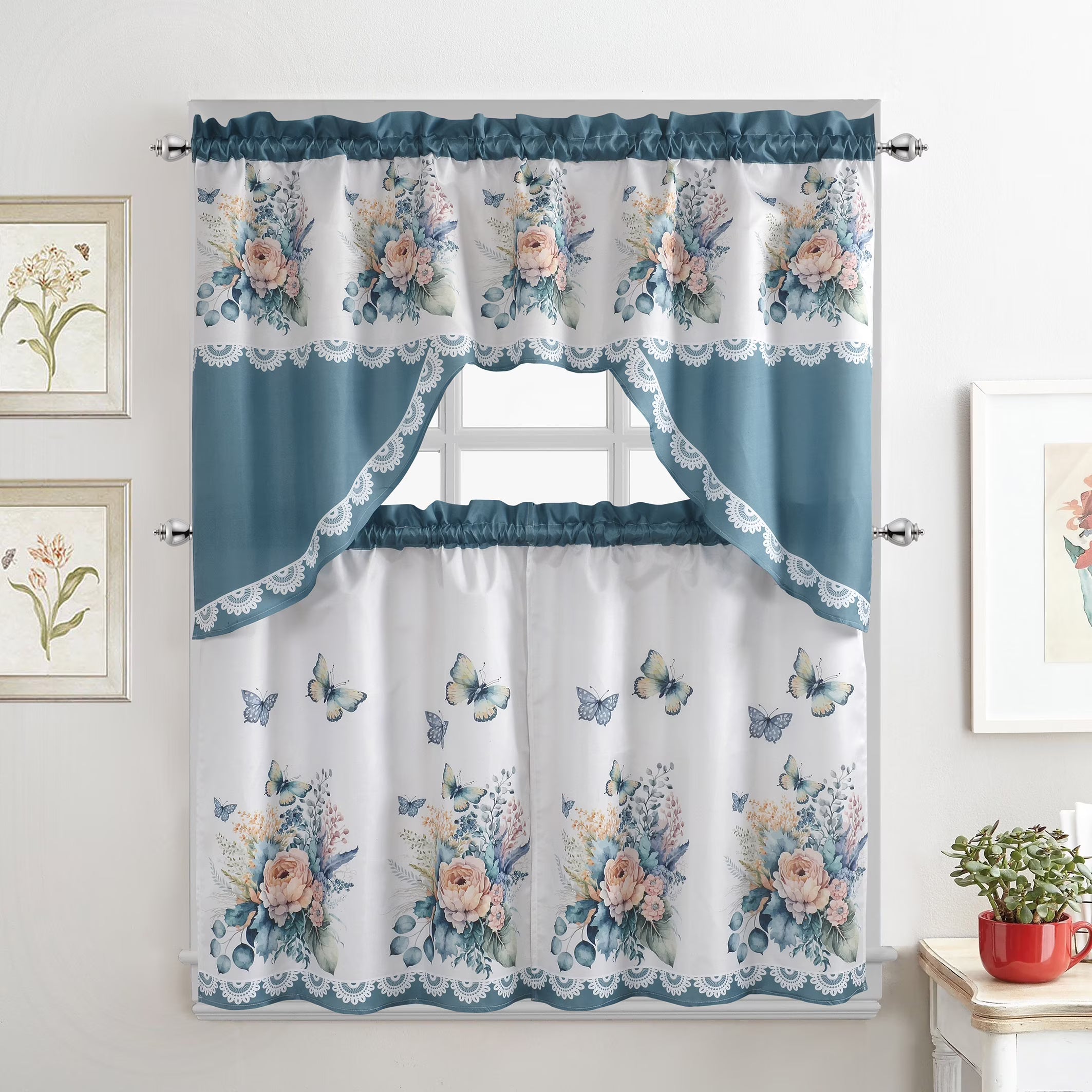 Turquoise Flower Printed 3-Piece Kitchen Curtain Tiers & Swag Set, 58x36 & 28x36 inches T79913