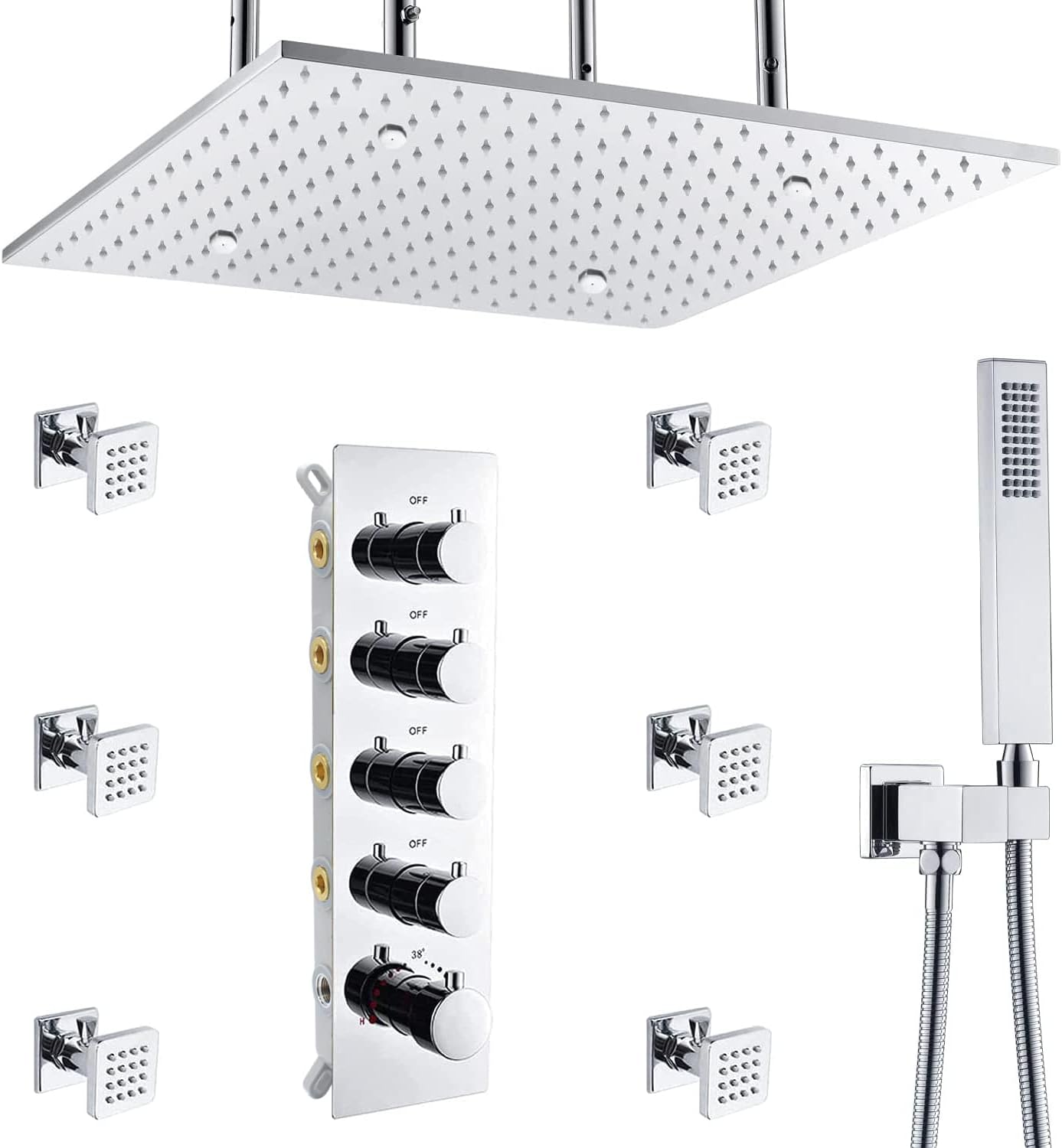 Brushed Gold Thermostatic Rain Shower Head System with Body Spray and Handheld Combo Set K82828