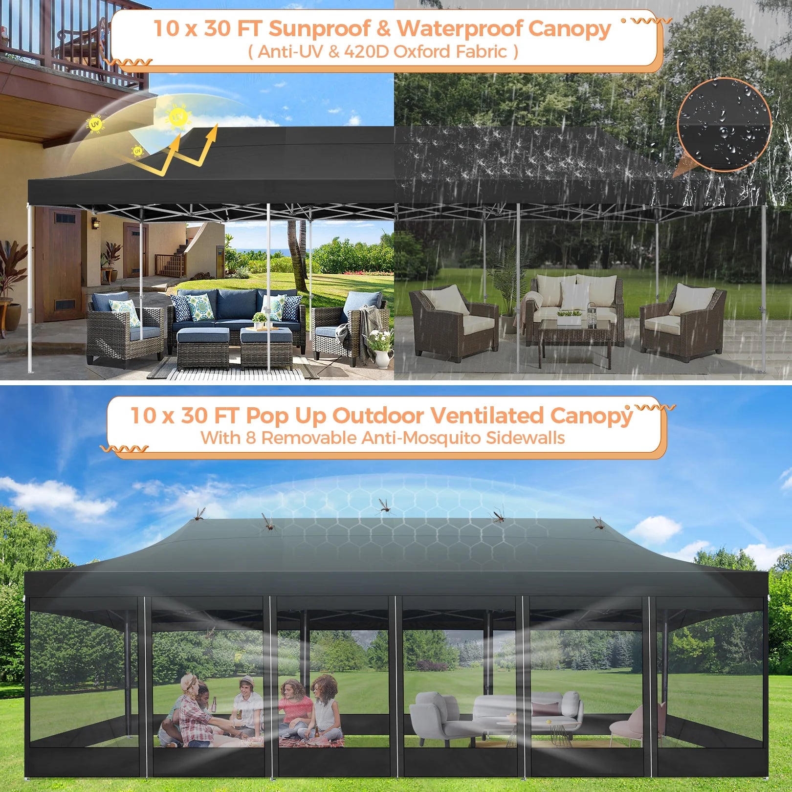 10x30 FT Pop Up Canopy with Removable 8 Piece Mesh Sidewalls, Black P100030