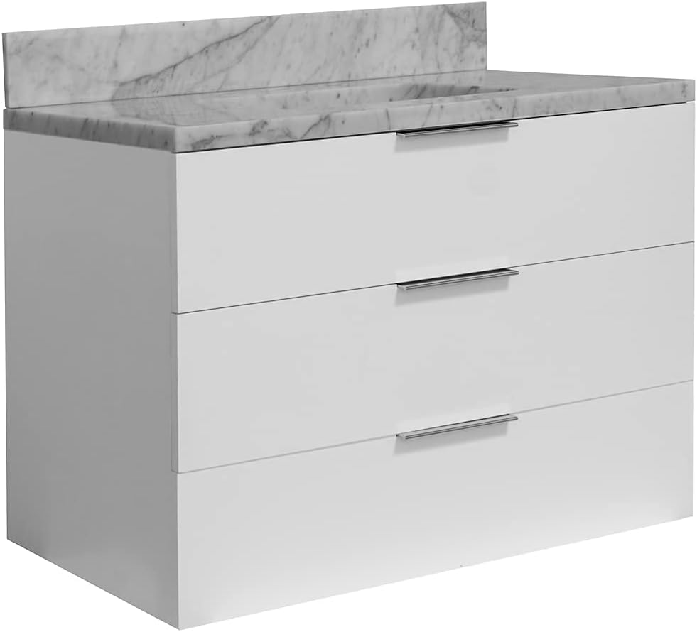 36-inch Floating Bathroom Vanity with White Cabinet, Carrara Marble Countertop, White Ceramic Sink H94311