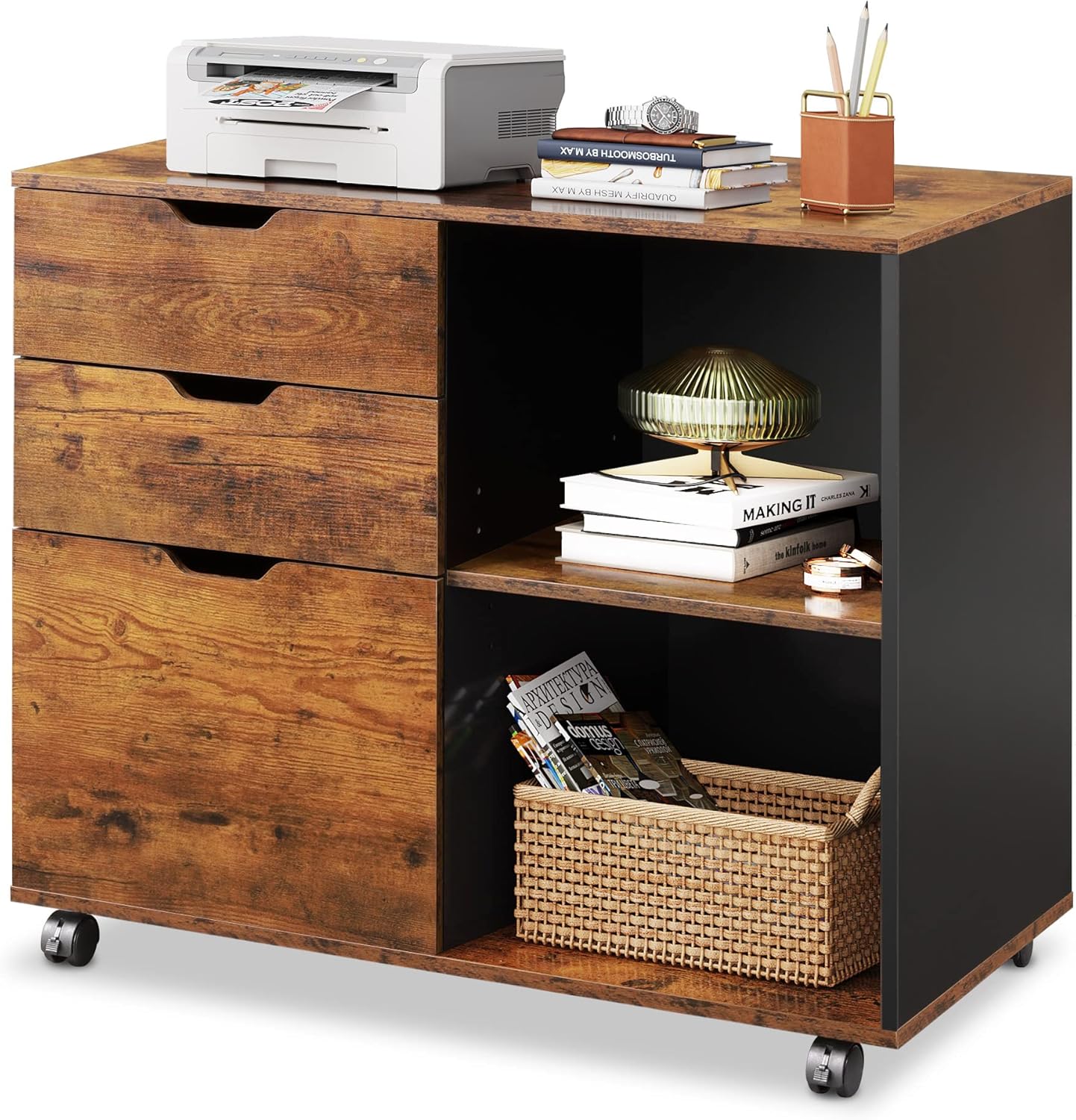 White 3-Drawer Mobile Wood File Cabinet with Open Storage Shelves D770787