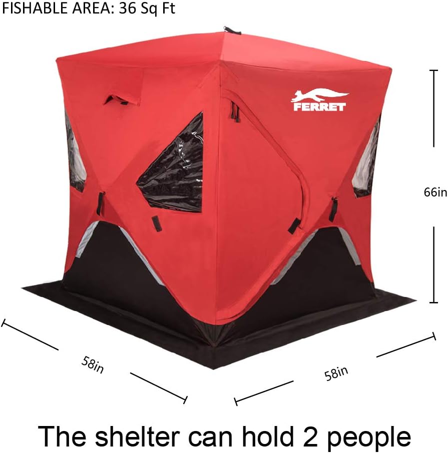 Red 1-2 Person 58X58X66 Waterproof Pop-up Ice Shelter Tent with Carrier Bag B384379