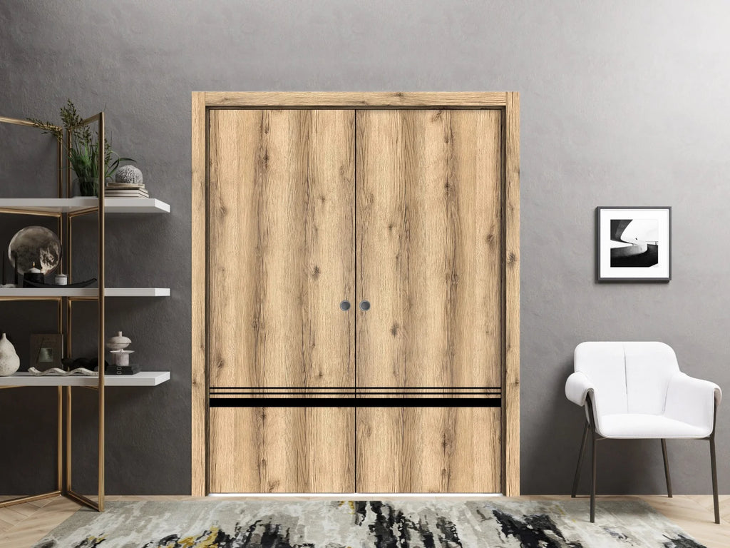 Oak Sliding French Double Pocket Doors with Frosted Glass B93261